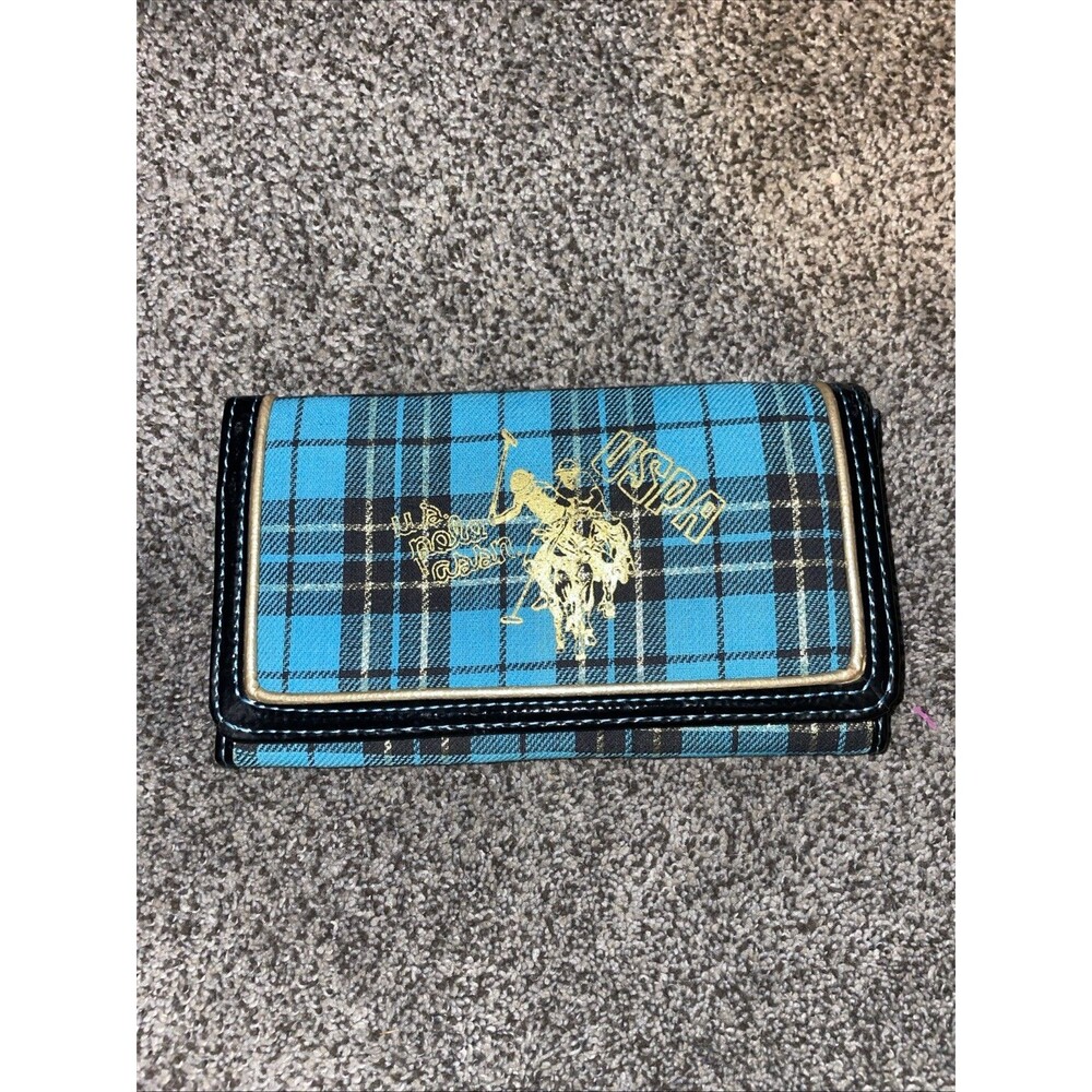 S. Polo Assn Y2K Blue Tartan Plaid Tri Fold Checkbook Wallet Gold Logo
